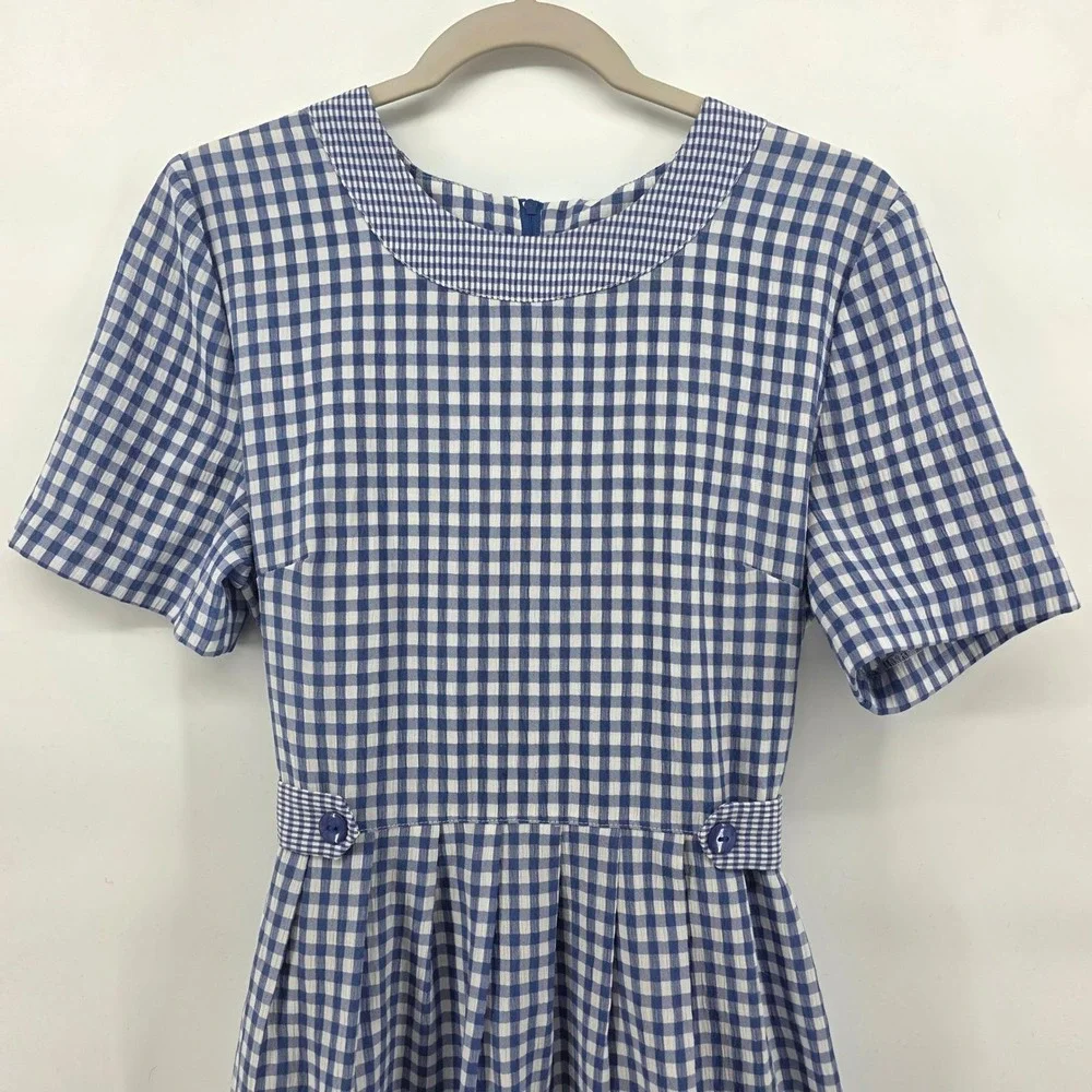 90s Vintage Blue Gingham Check Midi Sz 8 Short Sleeve Tie‎ modest cottagecore